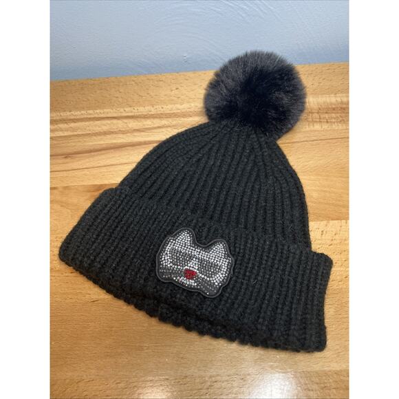 KARL LAGERFELD Womens Knit Beanie Hat Rhinestone Cat Logo Black Pom Pom Winter - Picture 1 of 10